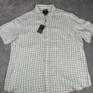 Daniel Hechter Shirt  Men's XXL Green‎ Plaid White Linen Casual Button Up New